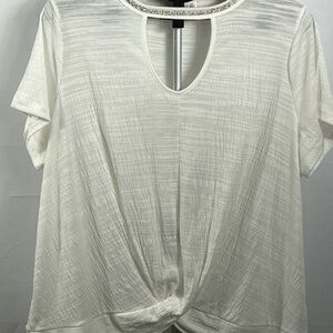 Chic White Women's Blouse with Keyhole Detail with rhinestones